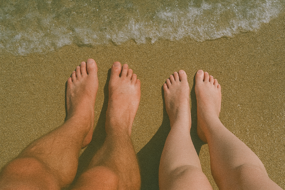 Paar hält Füße ins Wasser an FKK Strand auf Kreta