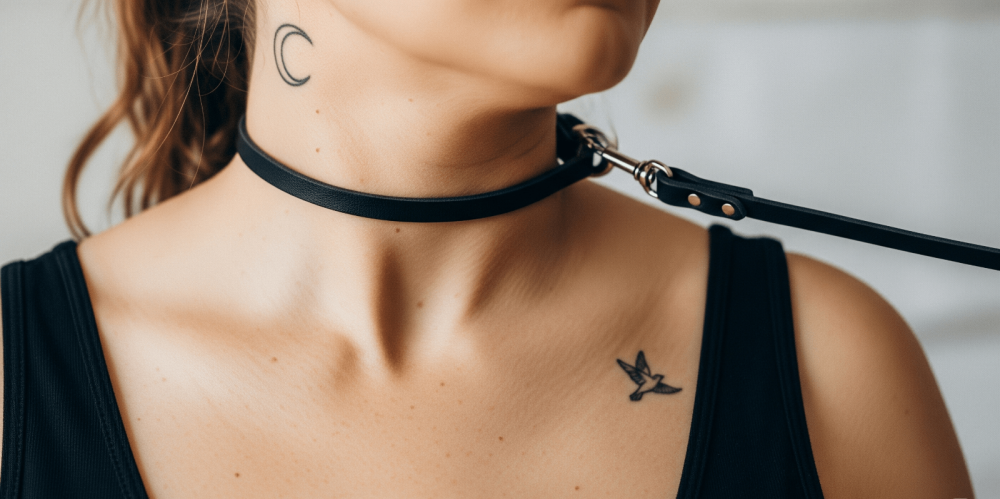 Junge Frau beim Petplay mit Leine um den Hals