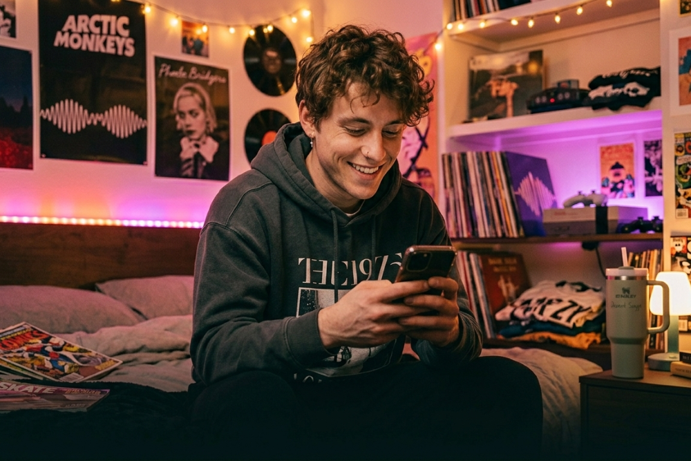 Unterschied_zwischen_Affaere_und_Verhaeltnis_Mann_sitzt_auf_seinem_bett_und_schaut_aufs_handy